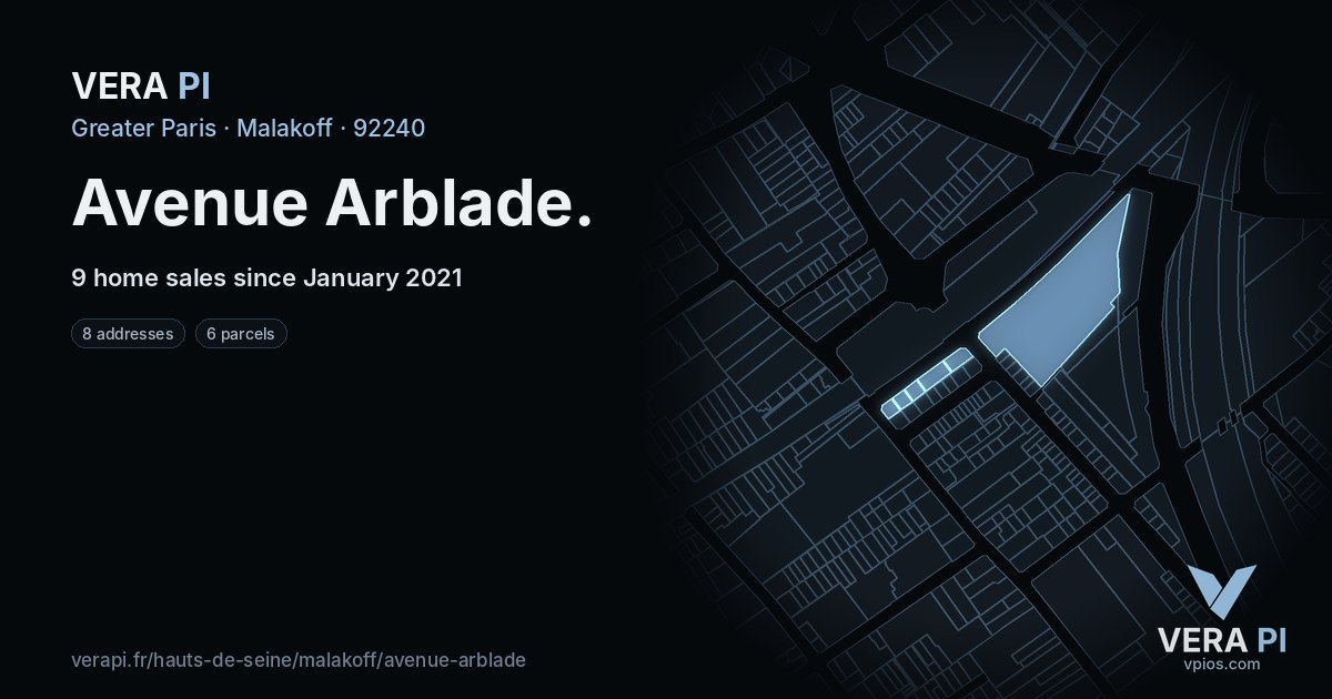 Avenue Arblade, Malakoff at night – every parcel coloured by the prices around it, the street's own parcels lit