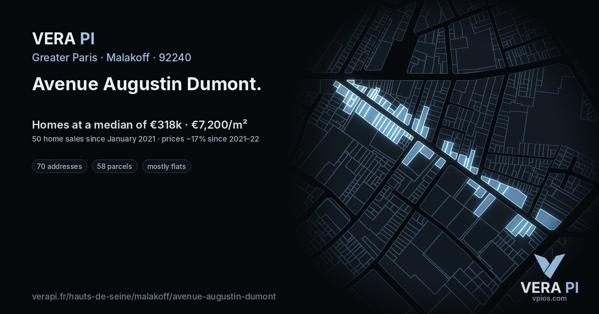 Avenue Augustin Dumont, Malakoff at night – every parcel coloured by the prices around it, the street's own parcels lit