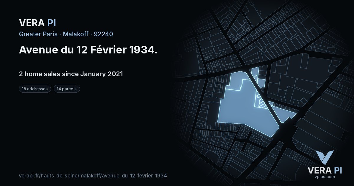 Avenue du 12 Février 1934, Malakoff at night – every parcel coloured by the prices around it, the street's own parcels lit