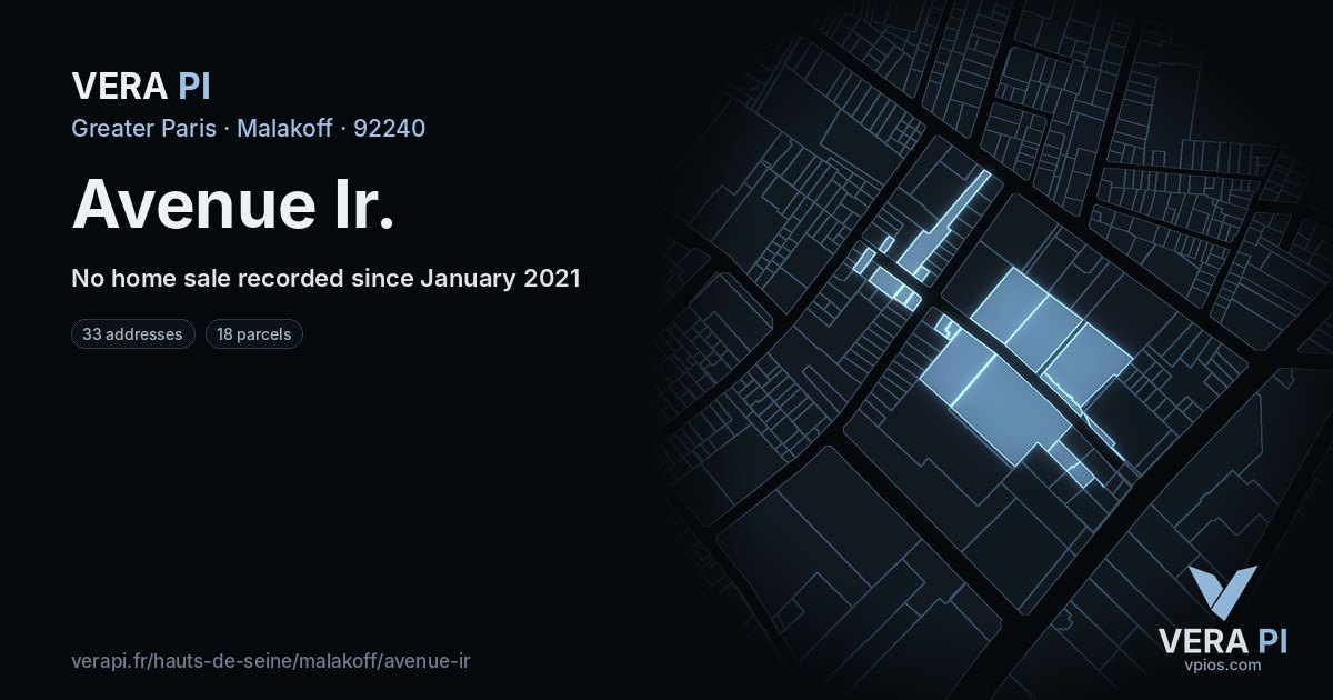Avenue Ir, Malakoff at night – every parcel coloured by the prices around it, the street's own parcels lit