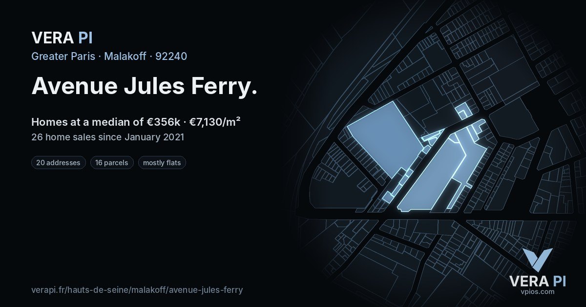 Avenue Jules Ferry, Malakoff at night – every parcel coloured by the prices around it, the street's own parcels lit