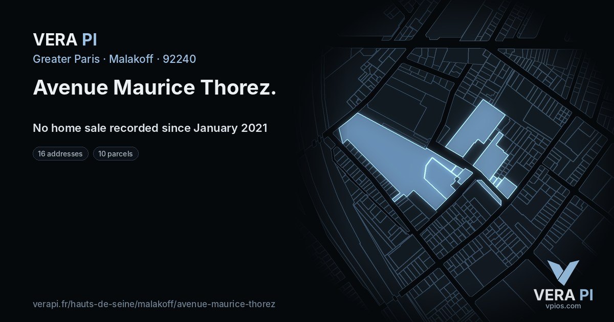 Avenue Maurice Thorez, Malakoff at night – every parcel coloured by the prices around it, the street's own parcels lit