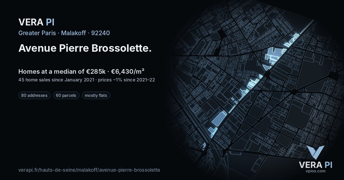 Avenue Pierre Brossolette, Malakoff at night – every parcel coloured by the prices around it, the street's own parcels lit