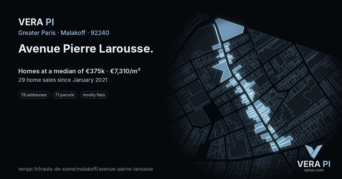 Avenue Pierre Larousse, Malakoff at night – every parcel coloured by the prices around it, the street's own parcels lit