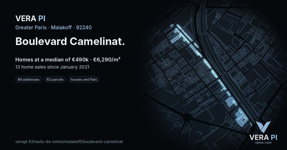 Boulevard Camelinat, Malakoff at night – every parcel coloured by the prices around it, the street's own parcels lit