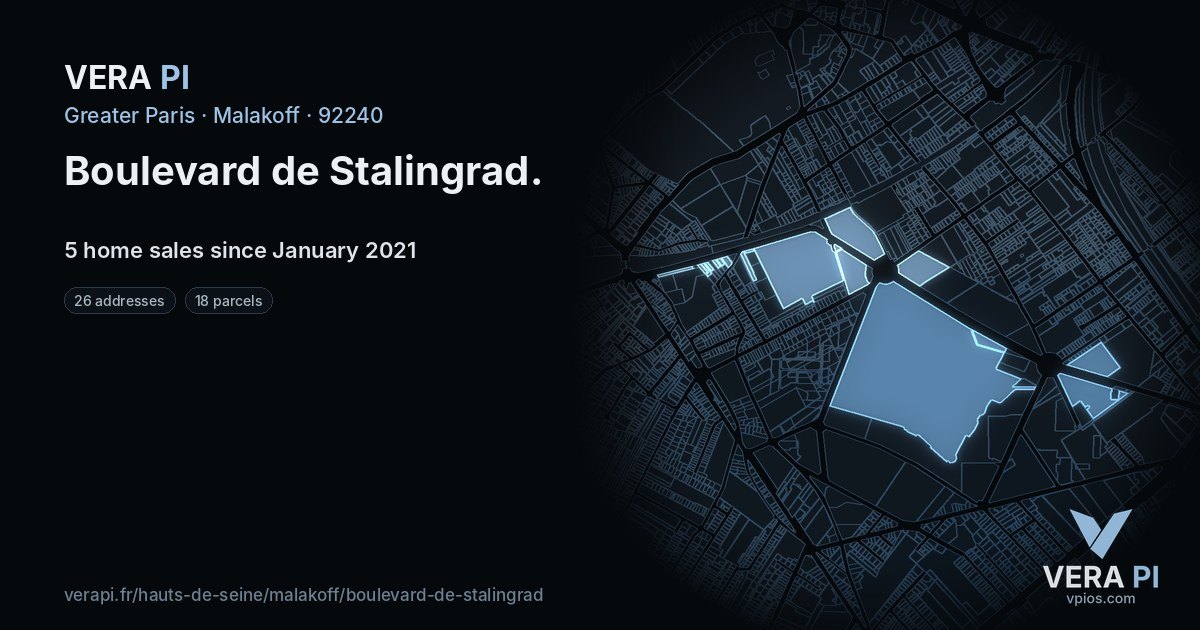 Boulevard de Stalingrad, Malakoff at night – every parcel coloured by the prices around it, the street's own parcels lit