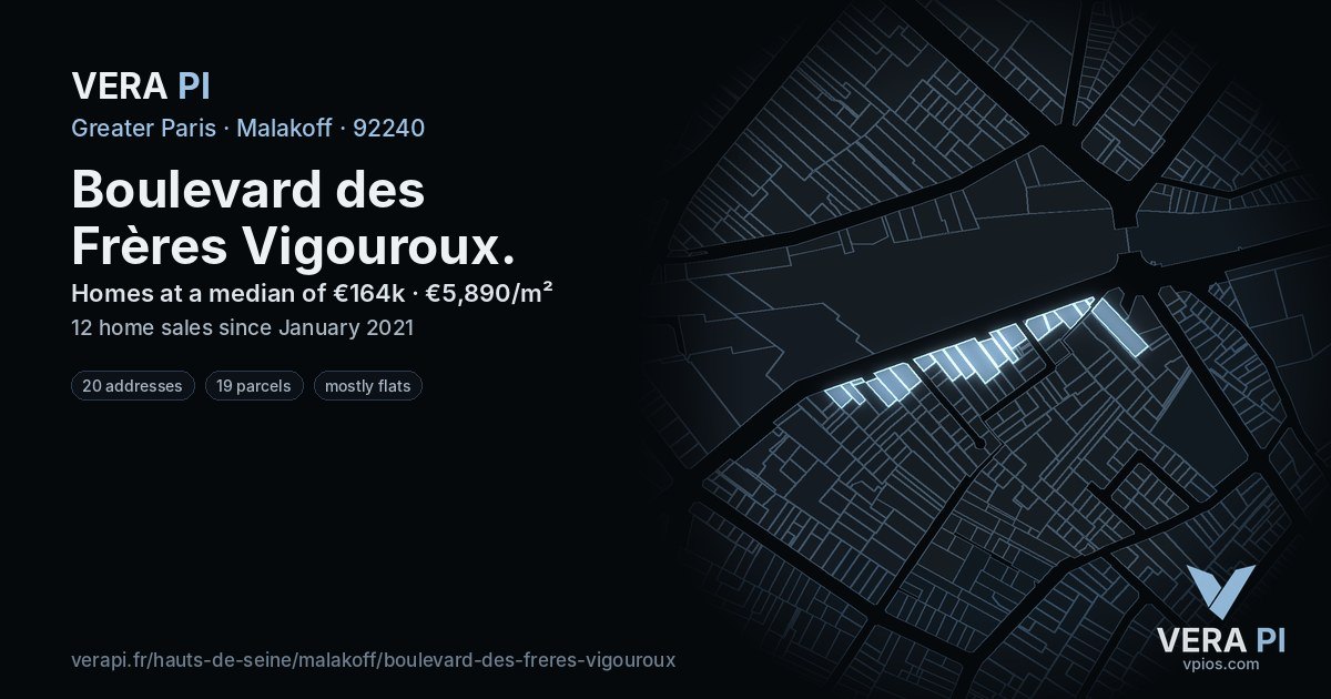 Boulevard des Frères Vigouroux, Malakoff at night – every parcel coloured by the prices around it, the street's own parcels lit