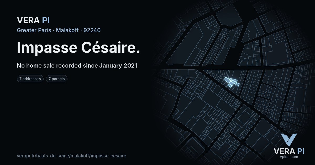 Impasse Césaire, Malakoff at night – every parcel coloured by the prices around it, the street's own parcels lit