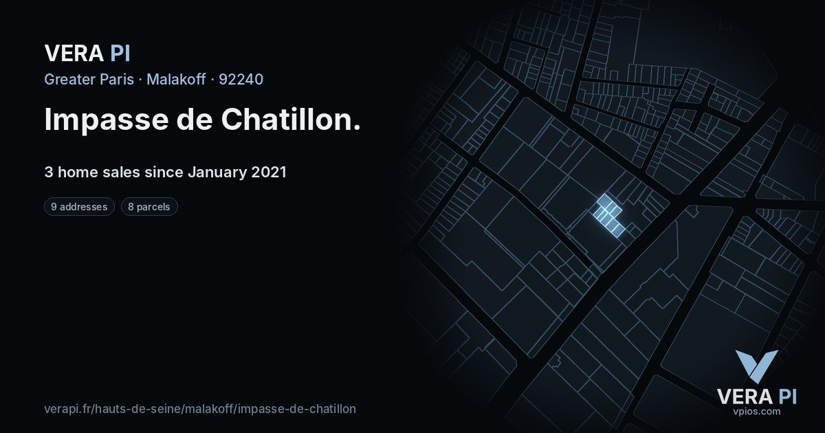 Impasse de Chatillon, Malakoff at night – every parcel coloured by the prices around it, the street's own parcels lit