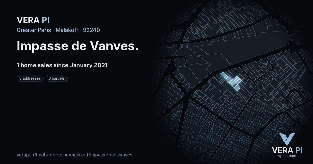 Impasse de Vanves, Malakoff at night – every parcel coloured by the prices around it, the street's own parcels lit