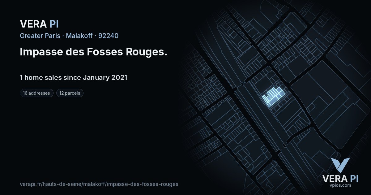 Impasse des Fosses Rouges, Malakoff at night – every parcel coloured by the prices around it, the street's own parcels lit