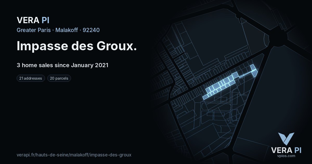 Impasse des Groux, Malakoff at night – every parcel coloured by the prices around it, the street's own parcels lit