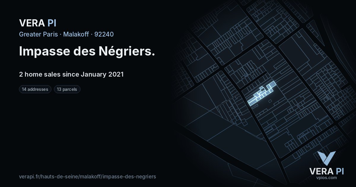 Impasse des Négriers, Malakoff at night – every parcel coloured by the prices around it, the street's own parcels lit