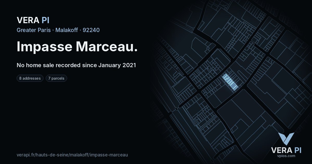 Impasse Marceau, Malakoff at night – every parcel coloured by the prices around it, the street's own parcels lit