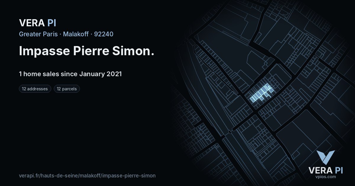 Impasse Pierre Simon, Malakoff at night – every parcel coloured by the prices around it, the street's own parcels lit