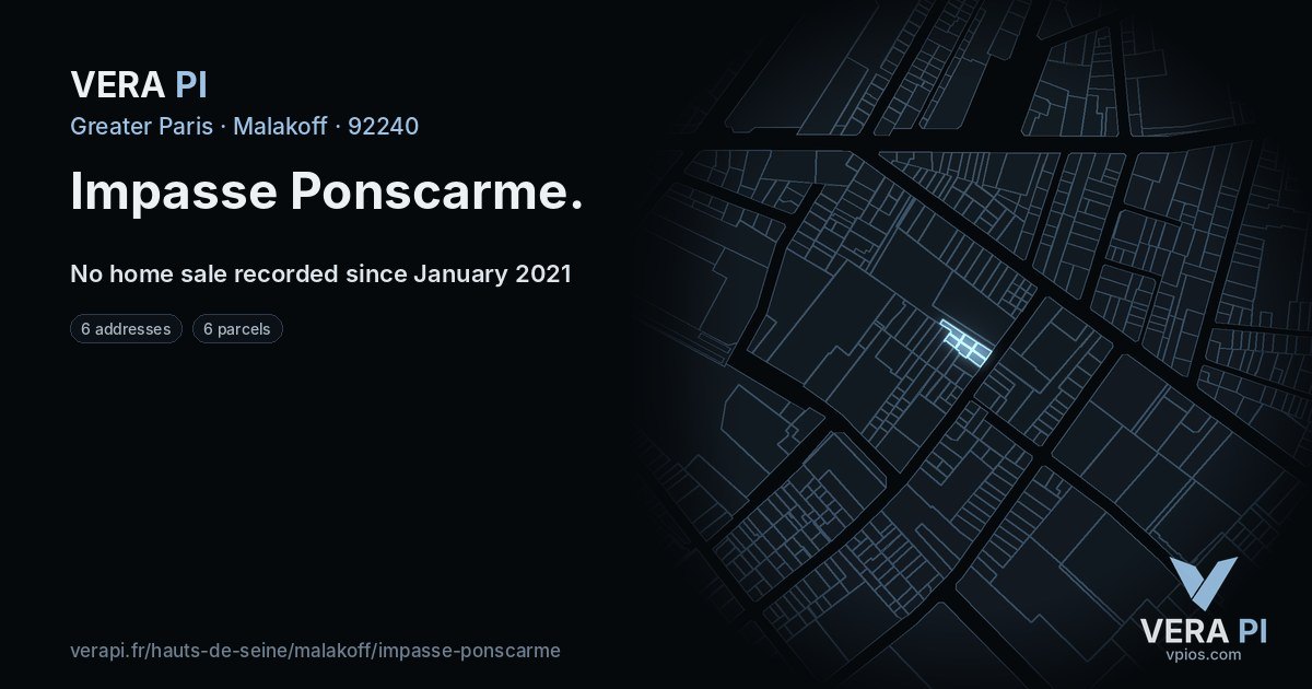 Impasse Ponscarme, Malakoff at night – every parcel coloured by the prices around it, the street's own parcels lit