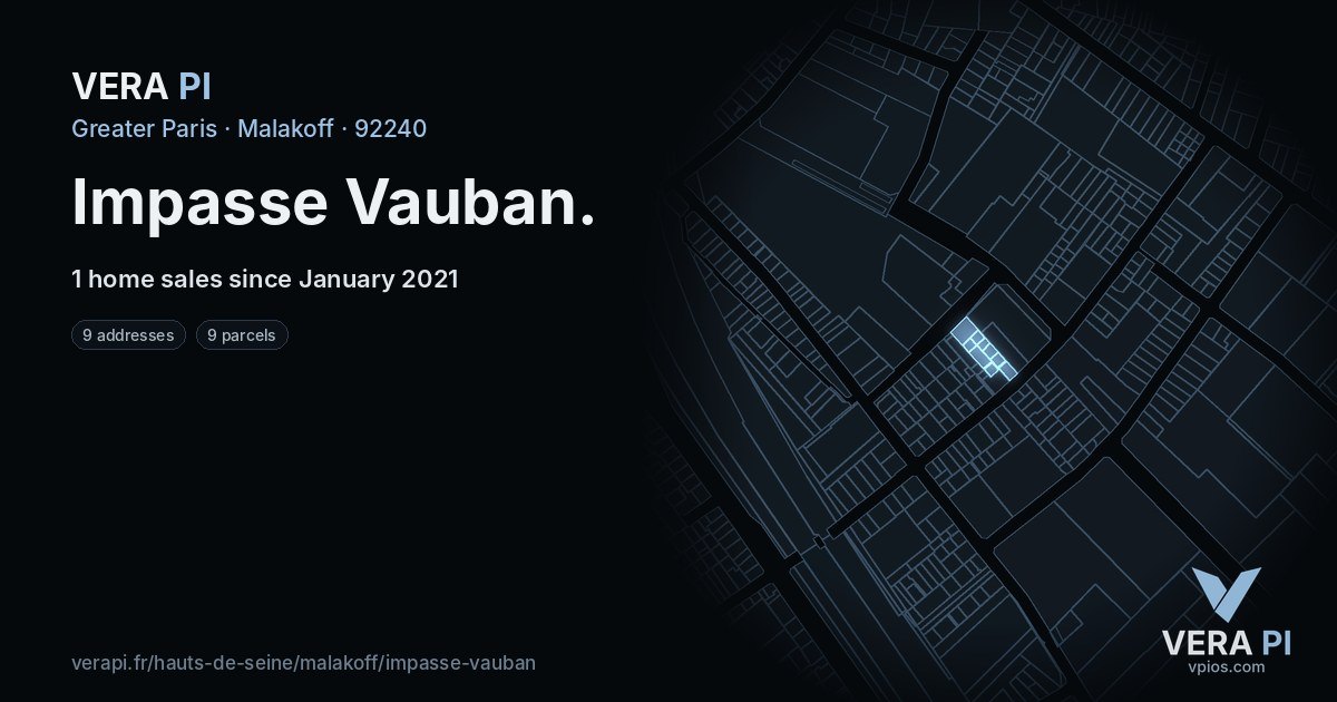 Impasse Vauban, Malakoff at night – every parcel coloured by the prices around it, the street's own parcels lit