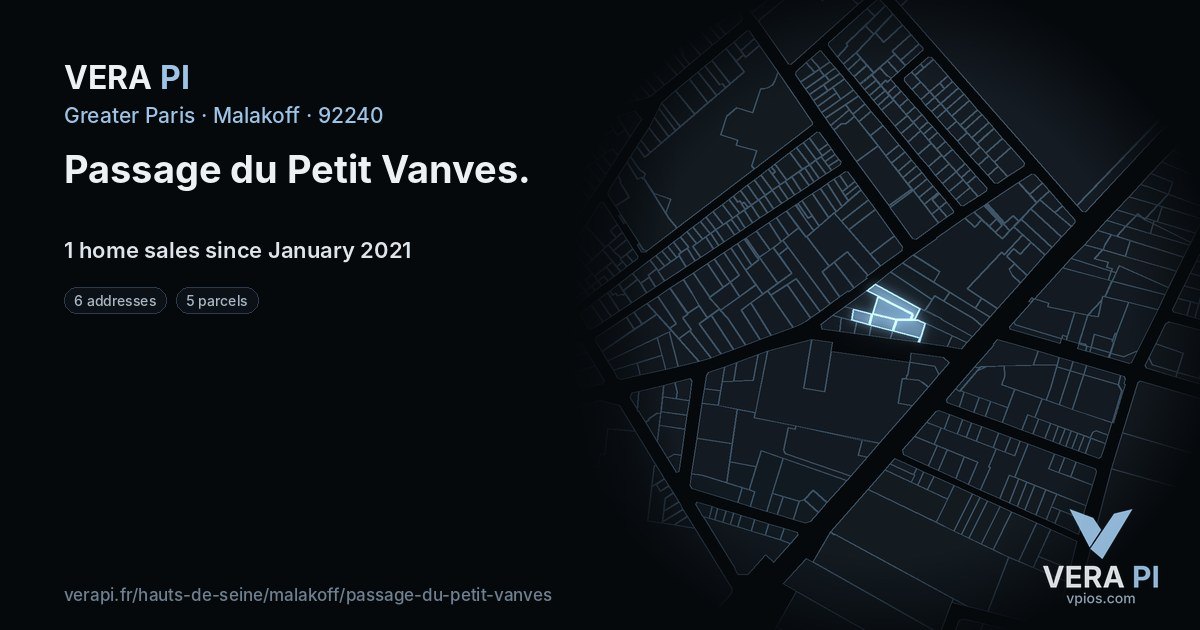 Passage du Petit Vanves, Malakoff at night – every parcel coloured by the prices around it, the street's own parcels lit