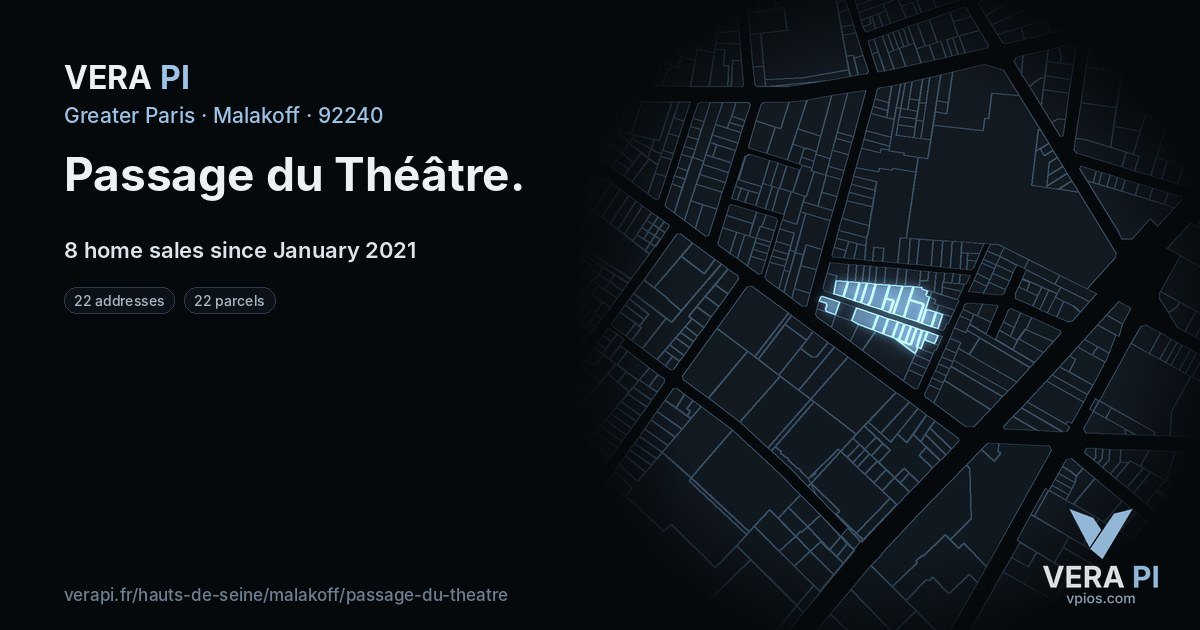 Passage du Théâtre, Malakoff at night – every parcel coloured by the prices around it, the street's own parcels lit
