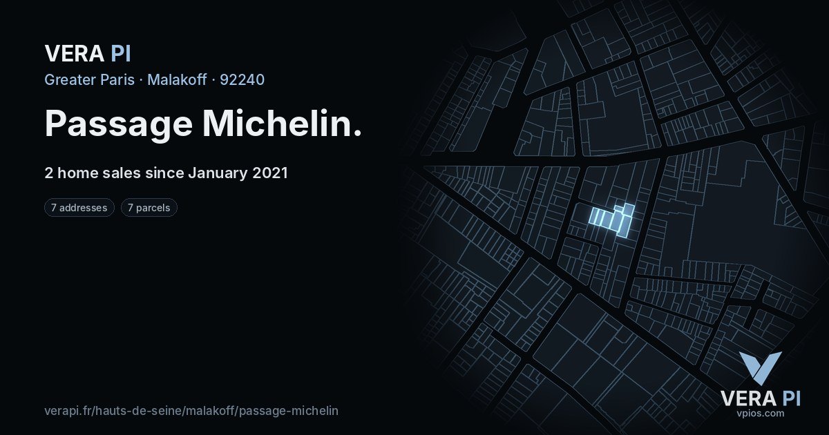 Passage Michelin, Malakoff at night – every parcel coloured by the prices around it, the street's own parcels lit