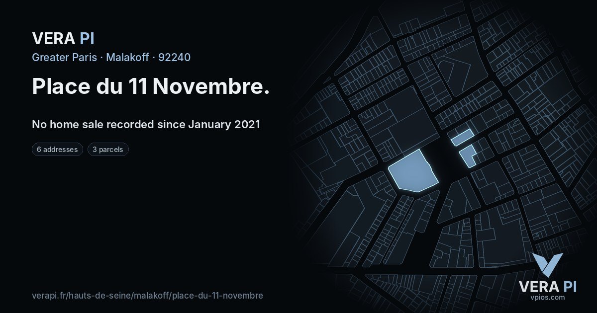 Place du 11 Novembre, Malakoff at night – every parcel coloured by the prices around it, the street's own parcels lit