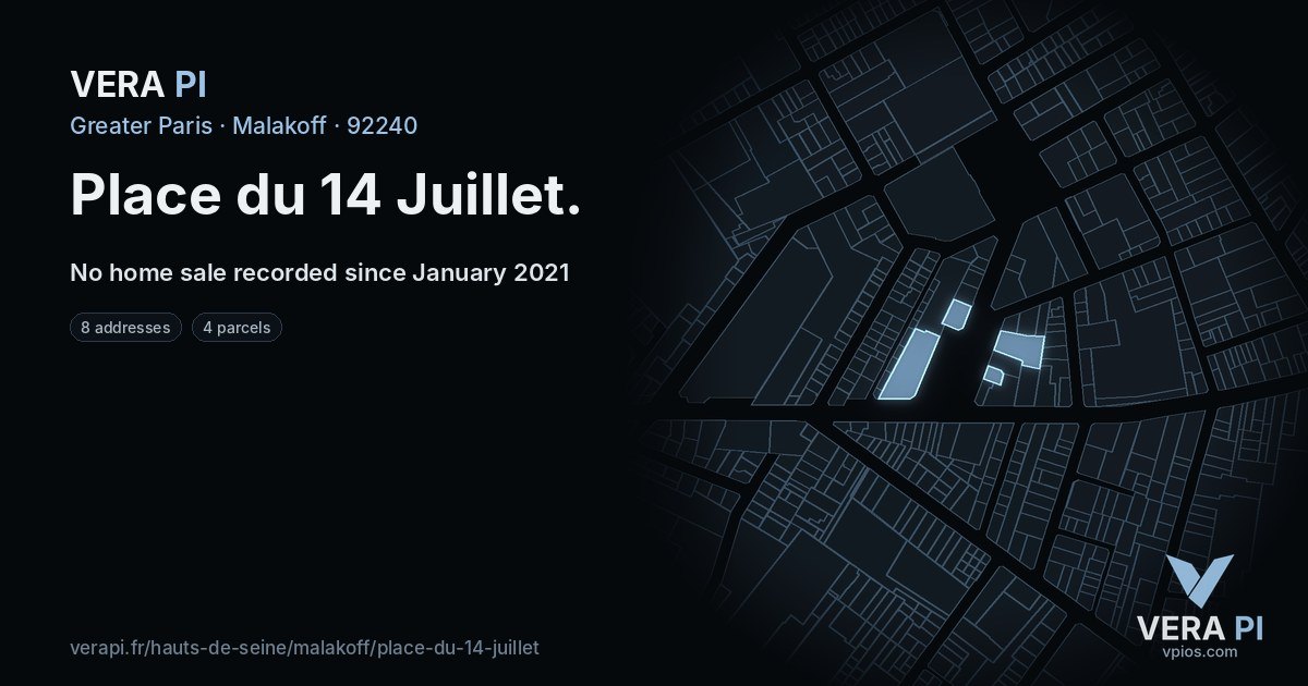Place du 14 Juillet, Malakoff at night – every parcel coloured by the prices around it, the street's own parcels lit