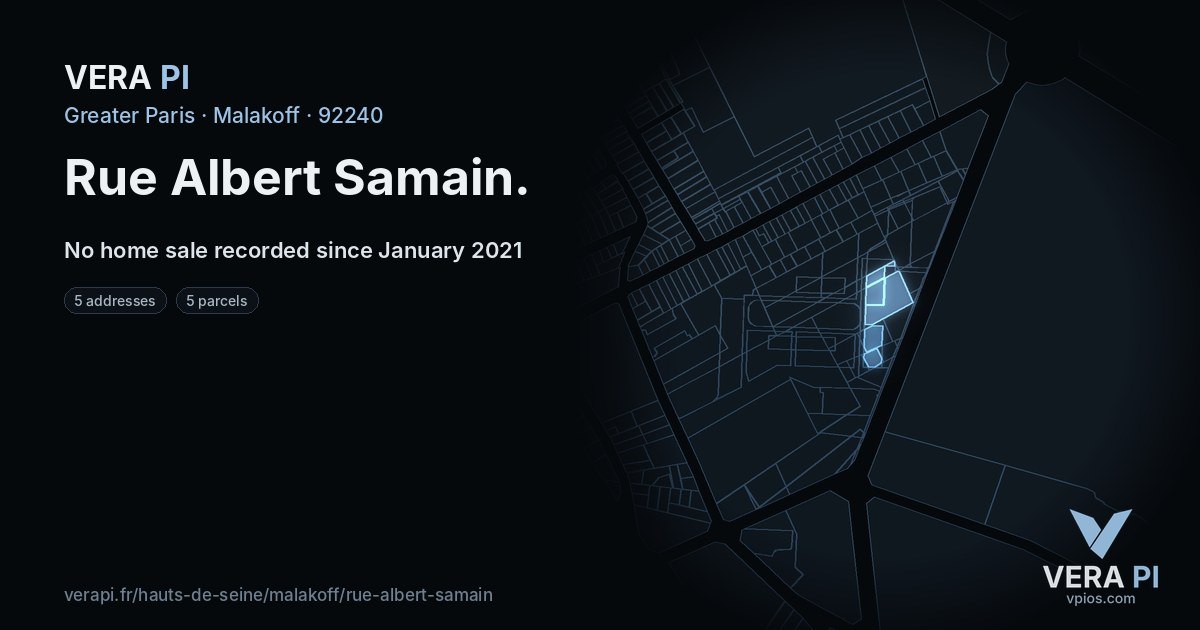 Rue Albert Samain, Malakoff at night – every parcel coloured by the prices around it, the street's own parcels lit
