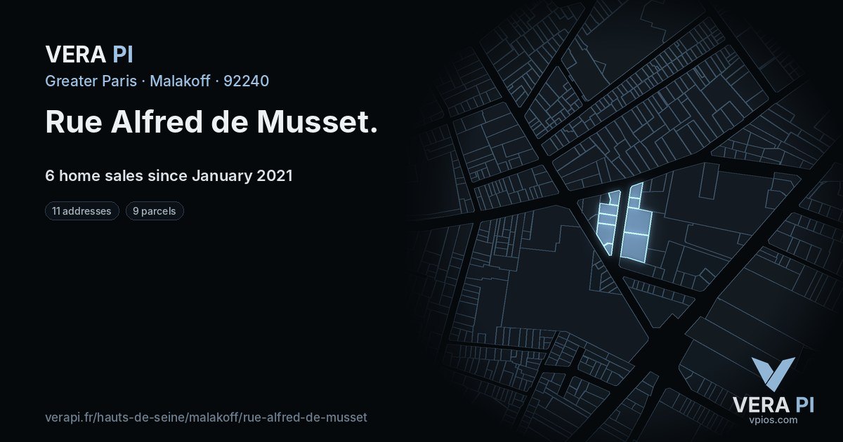 Rue Alfred de Musset, Malakoff at night – every parcel coloured by the prices around it, the street's own parcels lit