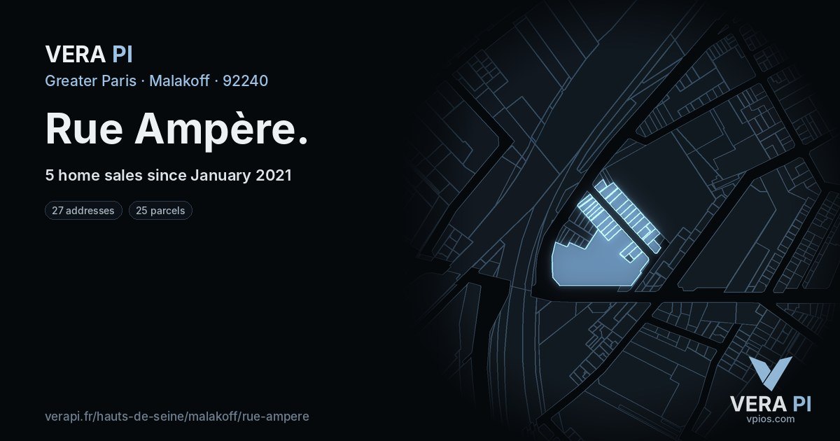 Rue Ampère, Malakoff at night – every parcel coloured by the prices around it, the street's own parcels lit