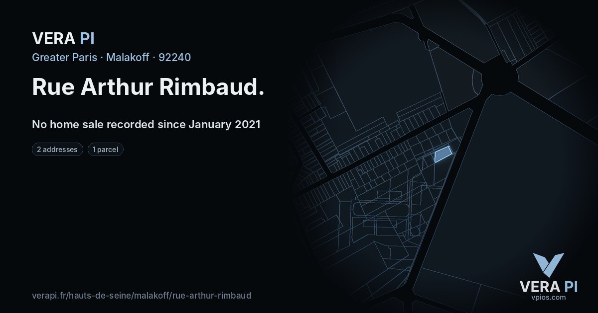Rue Arthur Rimbaud, Malakoff at night – every parcel coloured by the prices around it, the street's own parcels lit