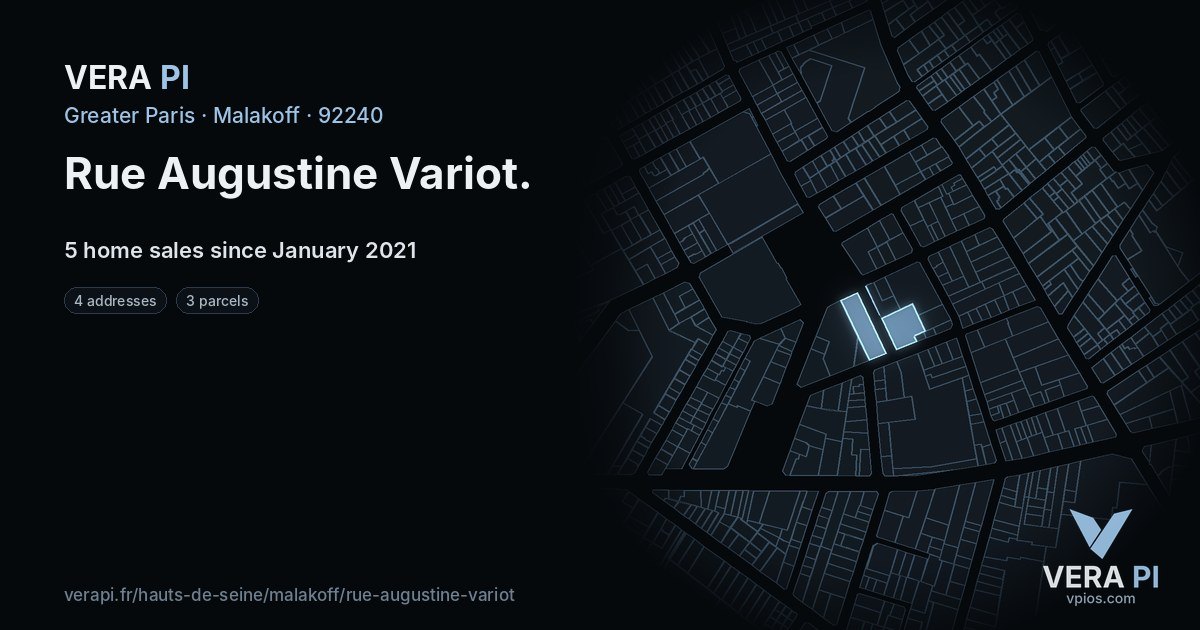 Rue Augustine Variot, Malakoff at night – every parcel coloured by the prices around it, the street's own parcels lit