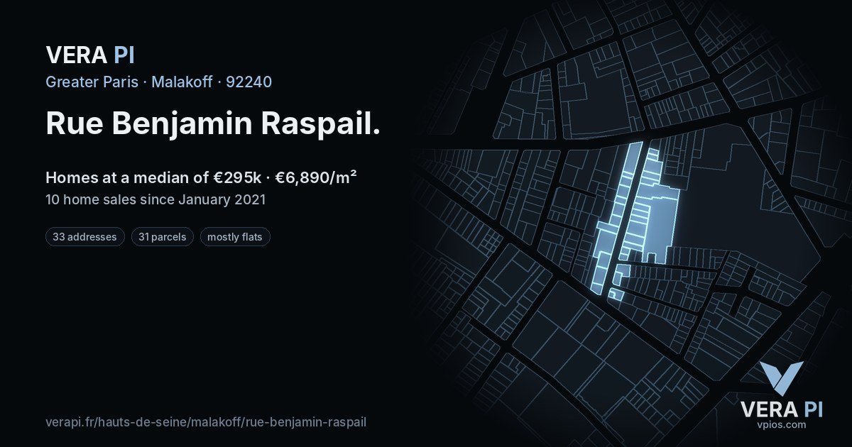 Rue Benjamin Raspail, Malakoff at night – every parcel coloured by the prices around it, the street's own parcels lit
