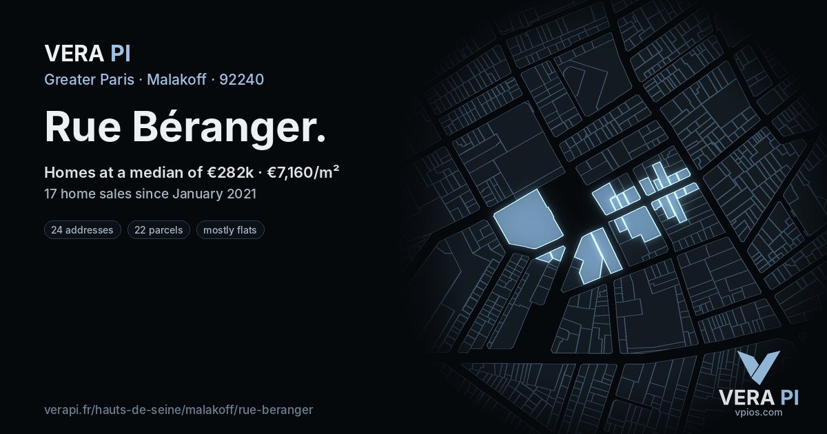 Rue Béranger, Malakoff at night – every parcel coloured by the prices around it, the street's own parcels lit