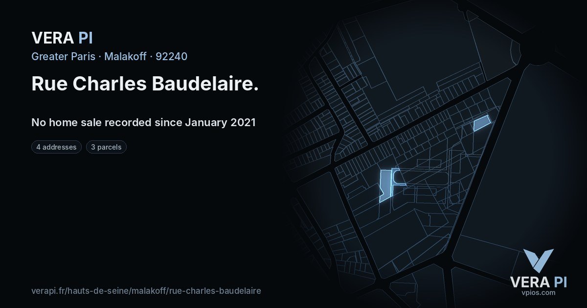 Rue Charles Baudelaire, Malakoff at night – every parcel coloured by the prices around it, the street's own parcels lit