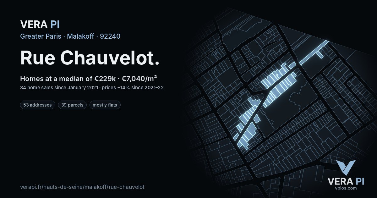 Rue Chauvelot, Malakoff at night – every parcel coloured by the prices around it, the street's own parcels lit