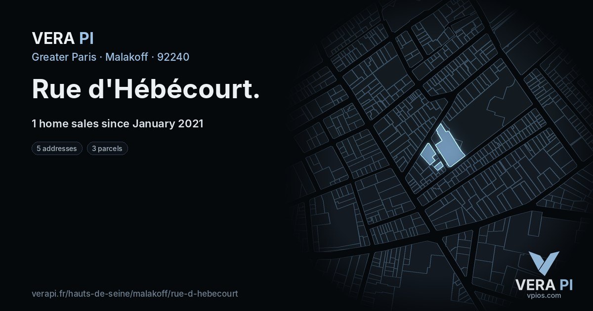 Rue d'Hébécourt, Malakoff at night – every parcel coloured by the prices around it, the street's own parcels lit