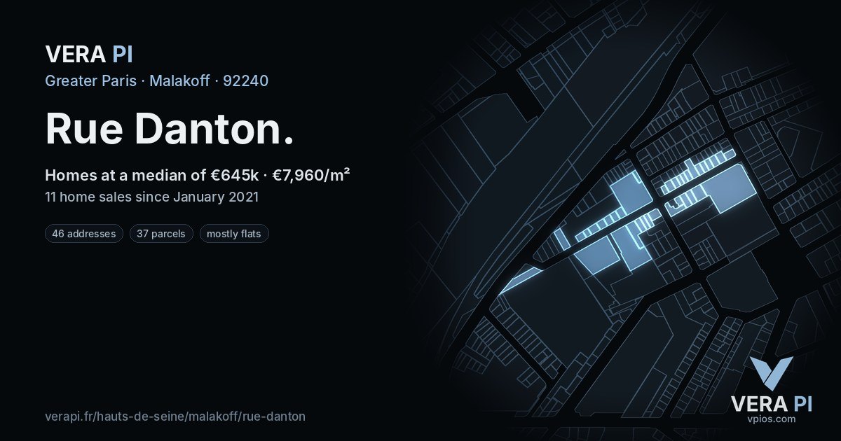 Rue Danton, Malakoff at night – every parcel coloured by the prices around it, the street's own parcels lit