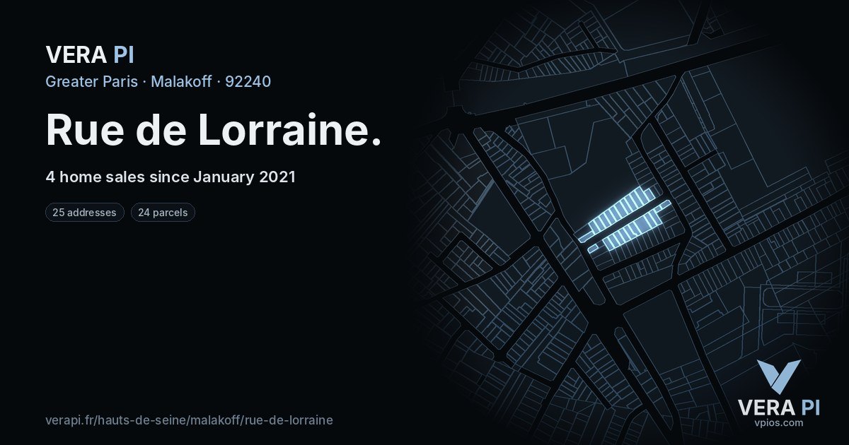 Rue de Lorraine, Malakoff at night – every parcel coloured by the prices around it, the street's own parcels lit