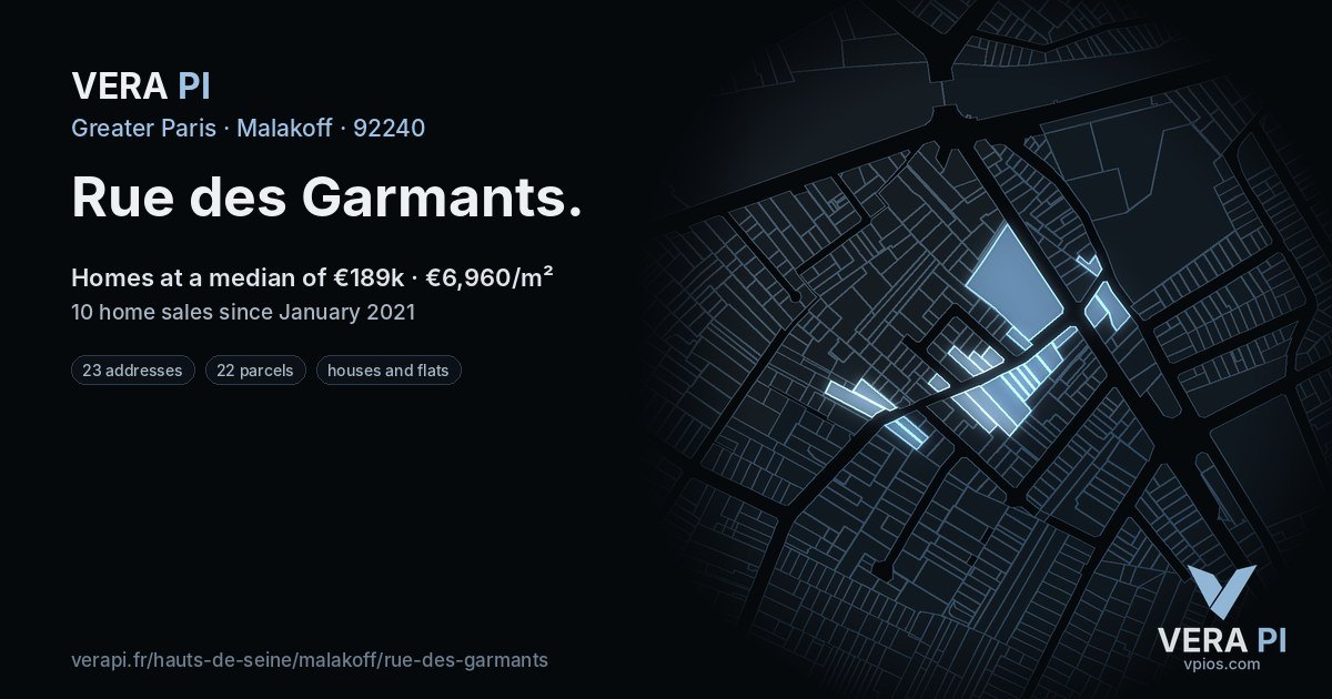 Rue des Garmants, Malakoff at night – every parcel coloured by the prices around it, the street's own parcels lit