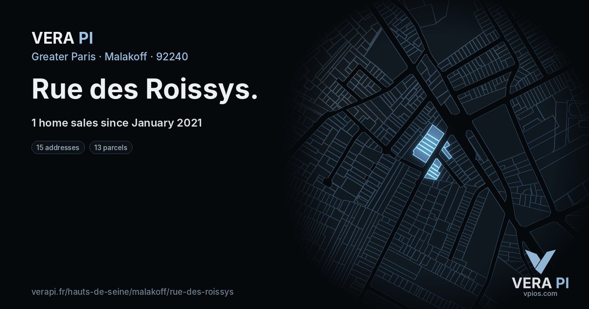 Rue des Roissys, Malakoff at night – every parcel coloured by the prices around it, the street's own parcels lit