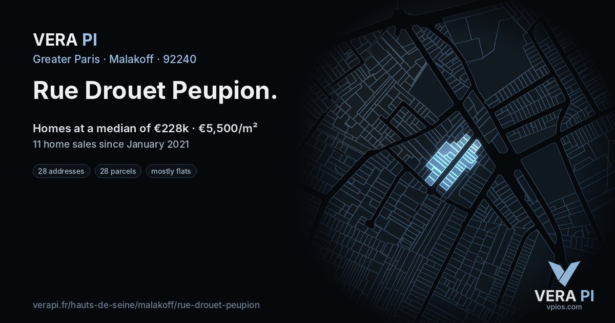 Rue Drouet Peupion, Malakoff at night – every parcel coloured by the prices around it, the street's own parcels lit