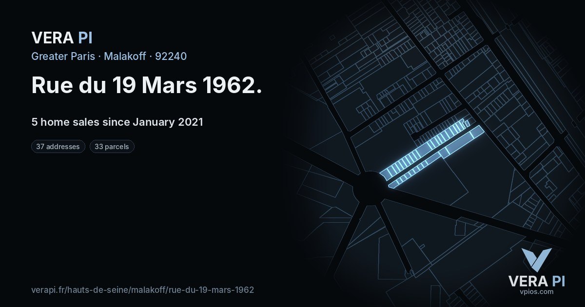 Rue du 19 Mars 1962, Malakoff at night – every parcel coloured by the prices around it, the street's own parcels lit