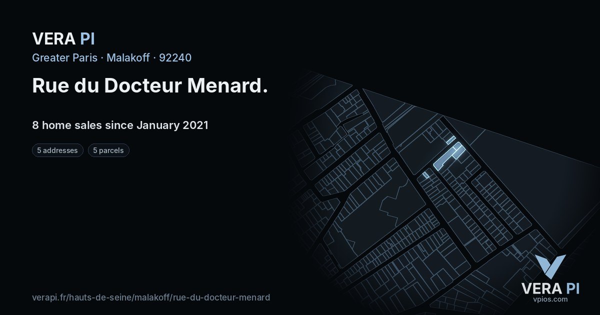 Rue du Docteur Menard, Malakoff at night – every parcel coloured by the prices around it, the street's own parcels lit