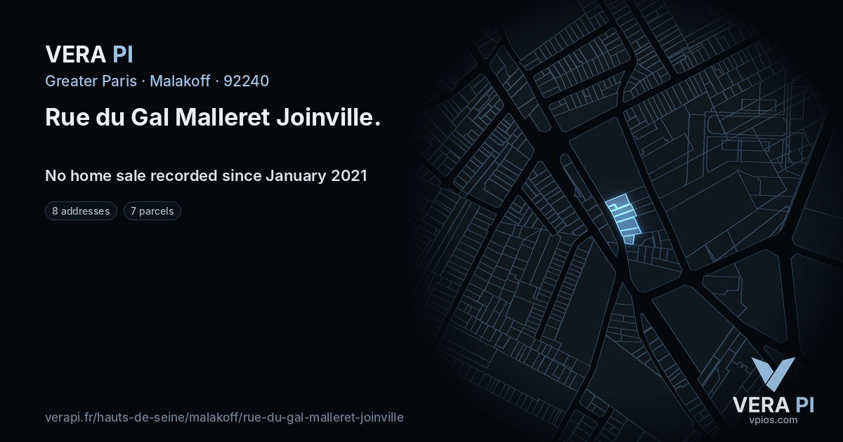 Rue du Gal Malleret Joinville, Malakoff at night – every parcel coloured by the prices around it, the street's own parcels lit