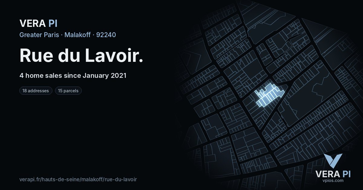 Rue du Lavoir, Malakoff at night – every parcel coloured by the prices around it, the street's own parcels lit