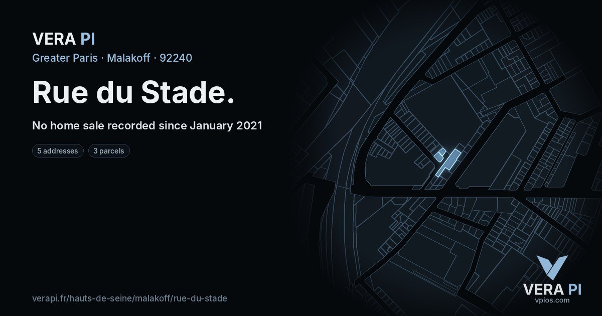 Rue du Stade, Malakoff at night – every parcel coloured by the prices around it, the street's own parcels lit