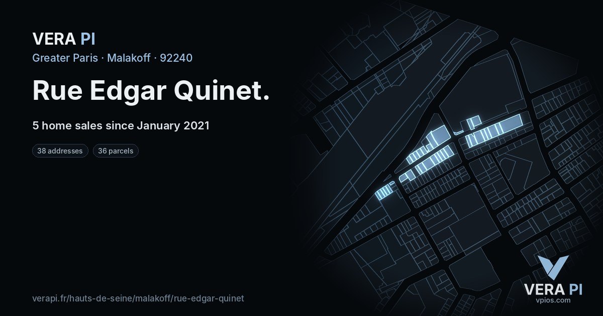 Rue Edgar Quinet, Malakoff at night – every parcel coloured by the prices around it, the street's own parcels lit