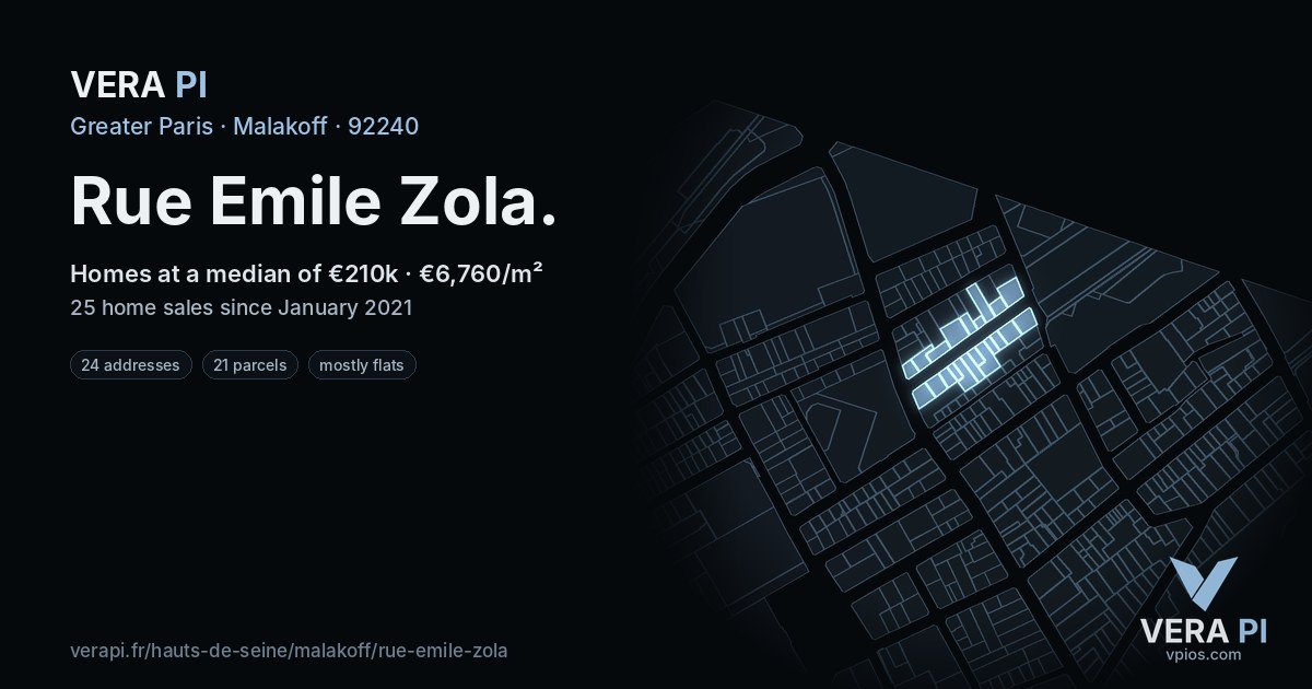 Rue Emile Zola, Malakoff at night – every parcel coloured by the prices around it, the street's own parcels lit