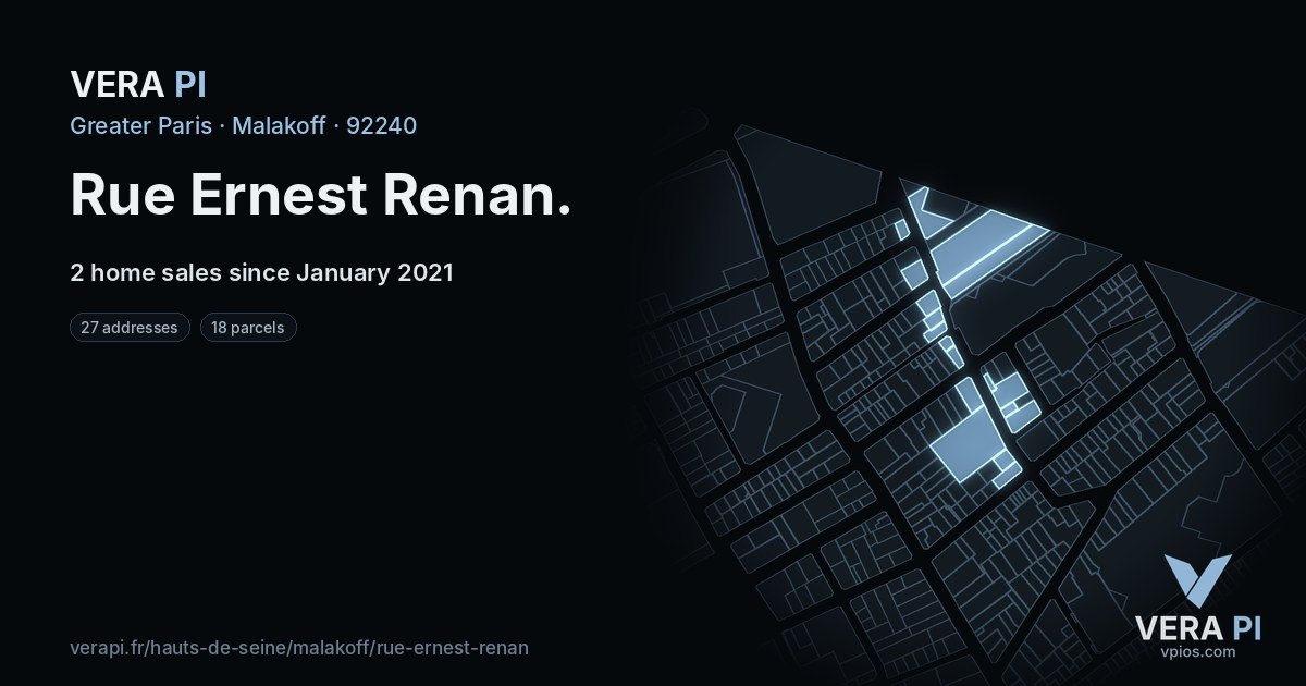 Rue Ernest Renan, Malakoff at night – every parcel coloured by the prices around it, the street's own parcels lit