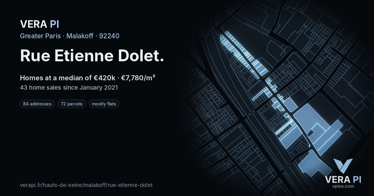 Rue Etienne Dolet, Malakoff at night – every parcel coloured by the prices around it, the street's own parcels lit